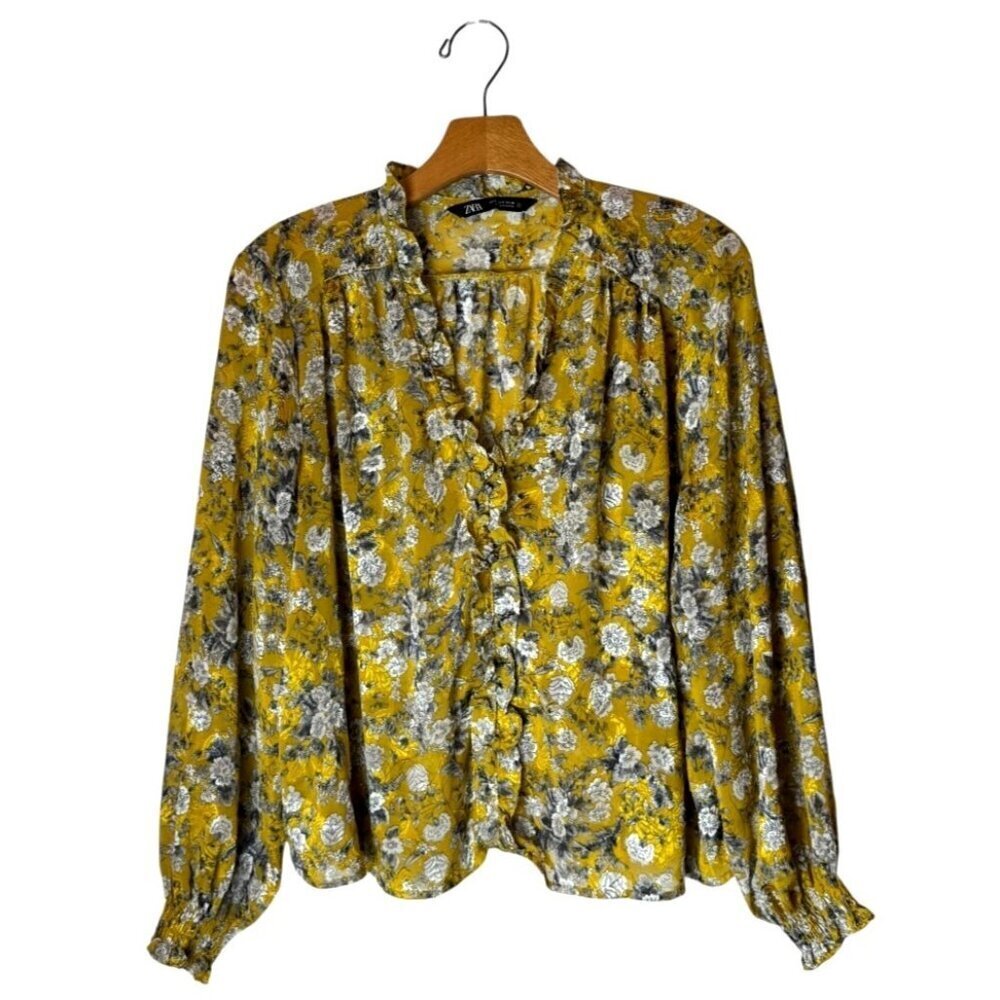 Zara Shirt Women Small Yellow Floral‎ Print Jacquard Ruffle Front Blouse Boho